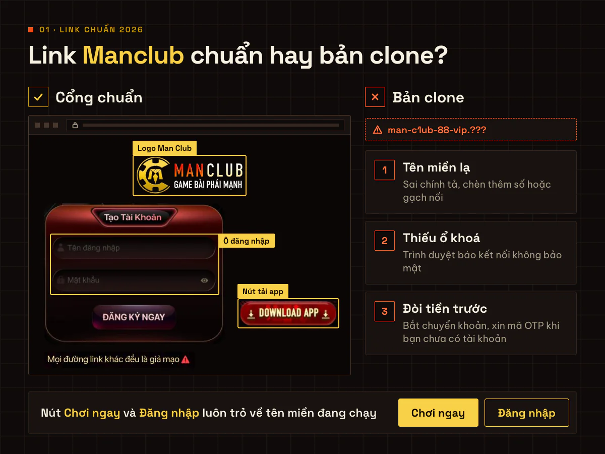 Cổng Man Club chính thức với ô đăng nhập, nút tải app và 3 dấu hiệu nhận ra bản clone