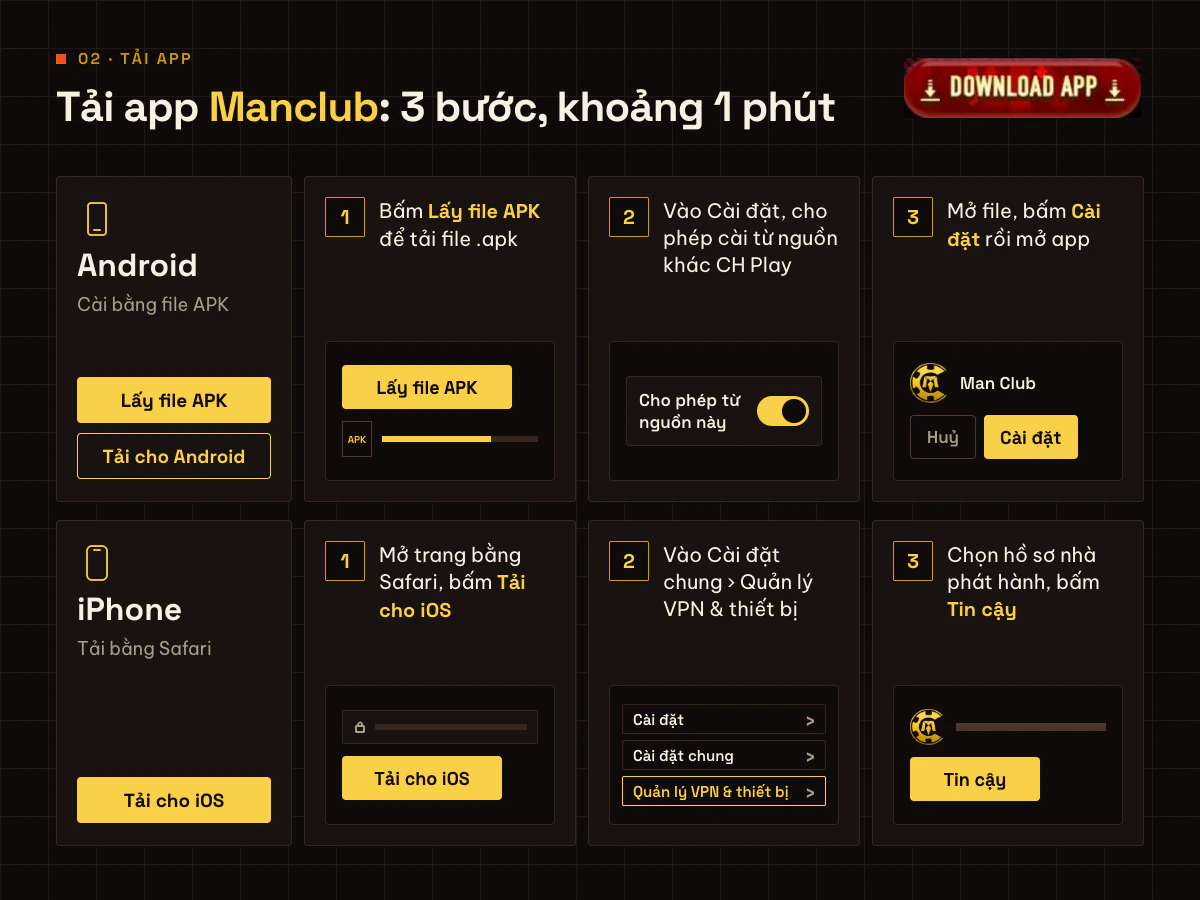 Các bước tải app Manclub cho Android bằng file APK và cho iOS